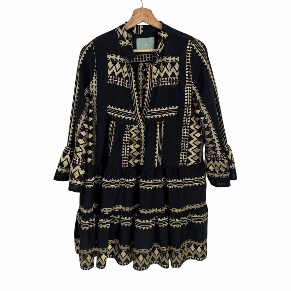 Aether Concept Kori Ruffle Mini Dress M Black Gold Embroidery  3/4 Sleeve Boho